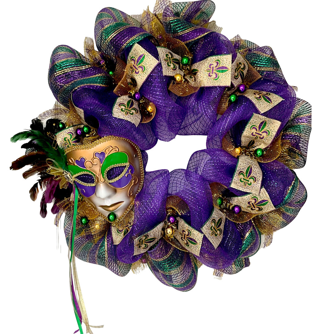 Mardi Gras Wreath Feather Venetian Mask Handmade The Holiday Aisle®