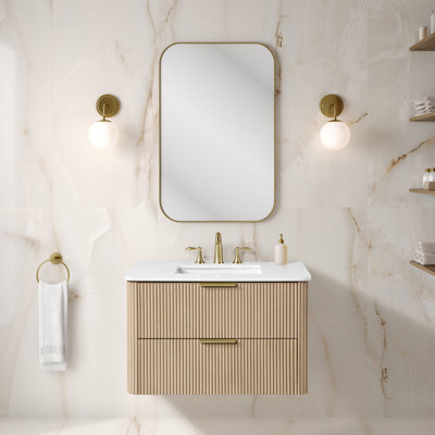 OVE Decors Amara 36 In. Single Sink Floating Sahara Birch Bathroom Vanity With White Engineered Stone Top And Brushed Gold Hardware