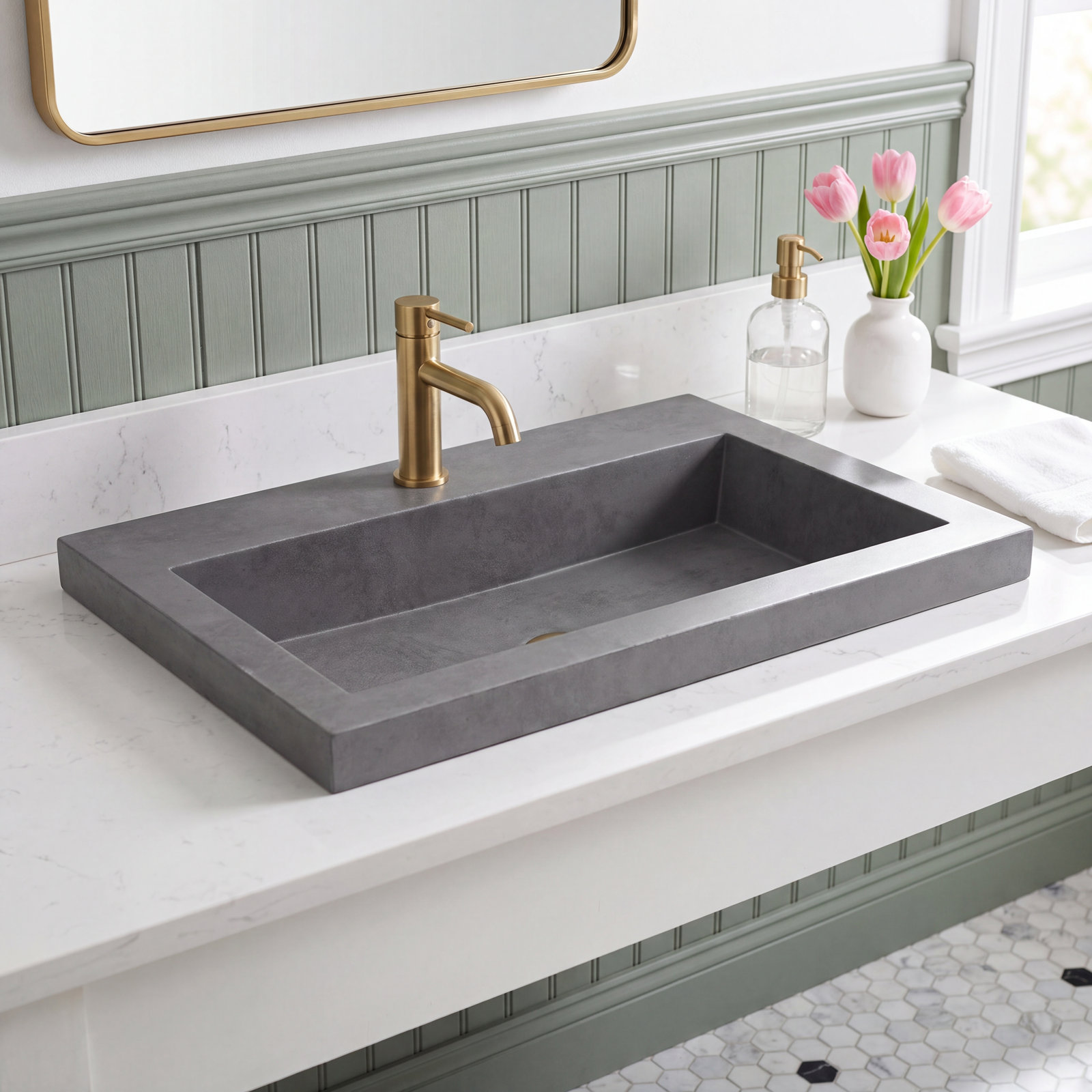 Trough Handmade Rectangular Drop-In Bathroom Sink, Slate, Single Faucet Hole
