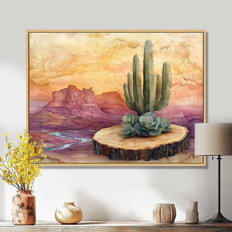Cactus du désert sur un plateau en bois I - Cactus Wall Art, H 16 po x l 32 po, Cadre flottant, Crème, crème