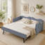 Lit de jour simple tapissier en vichy avec gigogne gigogne et poche de rangement, canapé-lit multifonctionnel en bois massif pour chambre d'enfant, bleu-494095613-494095615