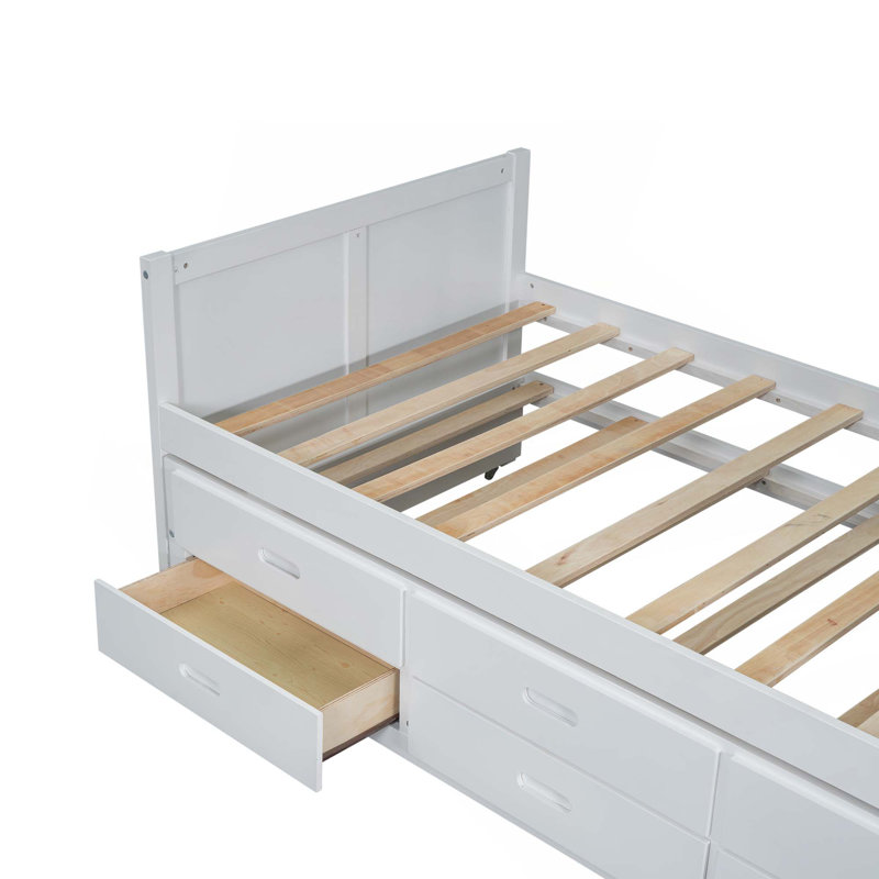 Lit plateforme simple en bois multifonctionnel avec bureau et tablette de rangement au bout du lit, lit gigogne intégré et 3 tiroirs