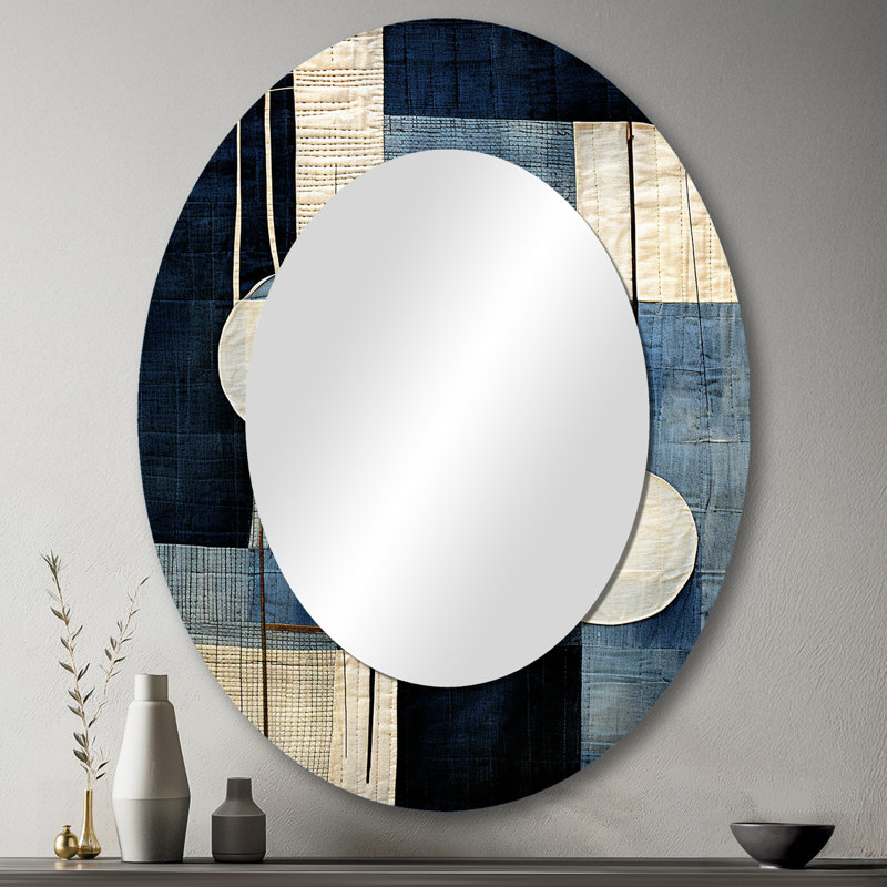 Blue Azure Geometric Collages - Blue Modern Oval Wall Mirror, 43" H x 33" W