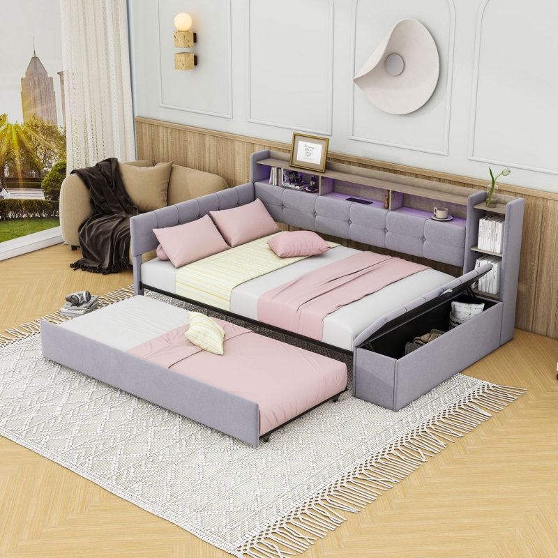 Upholstered Daybed with Twin Trundle, Multi-Functional Storage, USB Ports, and LED Lighting, Full, Gray