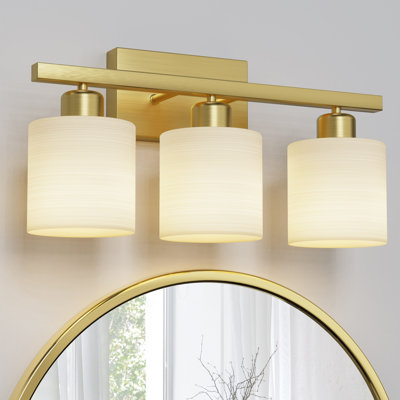 Bathroom Light Fixtures, Bathroom Lighting Fixtures Over Mirror, Interior Classic Vanity Lights, Modern Bathroom Vanity Light With Textured White Glass Shade, Brushed Gold, 3-light