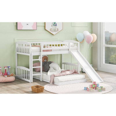 White Twin Over Bunk Bed With Slide And Side - Mountable , Solid Pine Wood Composition, Great For Small Space Bedrooms, Grey Design Elements, Slat Kit Support In White, Comes Reversible Frame Board,