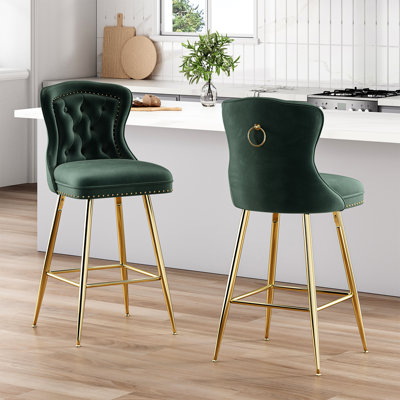 Tabourets de bar en velours de 2, pieds en métal, garniture de boutons et têtes de clous, dossier à oreilles pour club d'îlot de cuisine, rembourrage en éponge haute densité, structure, assemblage facile avec restaurant à domicile, coussin de résilience,