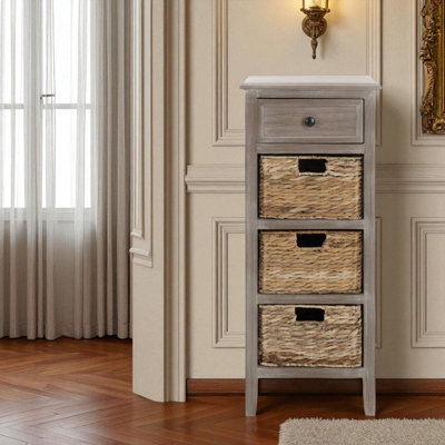 Unité de rangement Michaela, structure en bois H 36 po avec 1 table de bout en pin et 3 tiroirs à panier tressé pour toute pièce