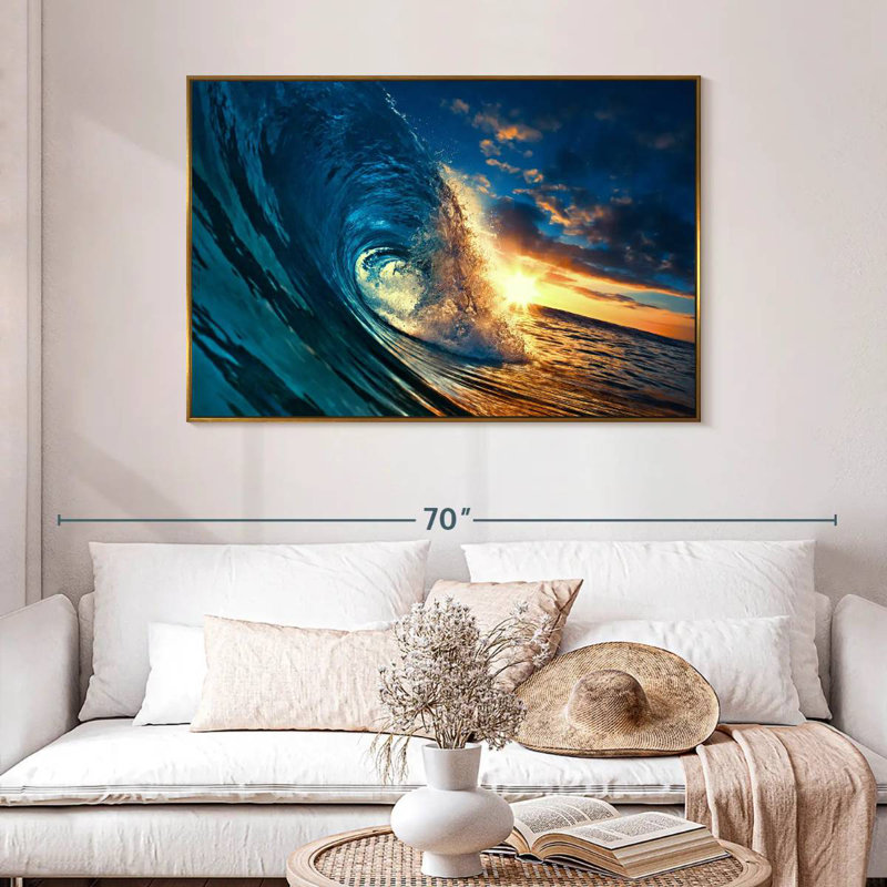 Vague de coucher de soleil océan, 46 po x 31 po, Cadre flottant doré