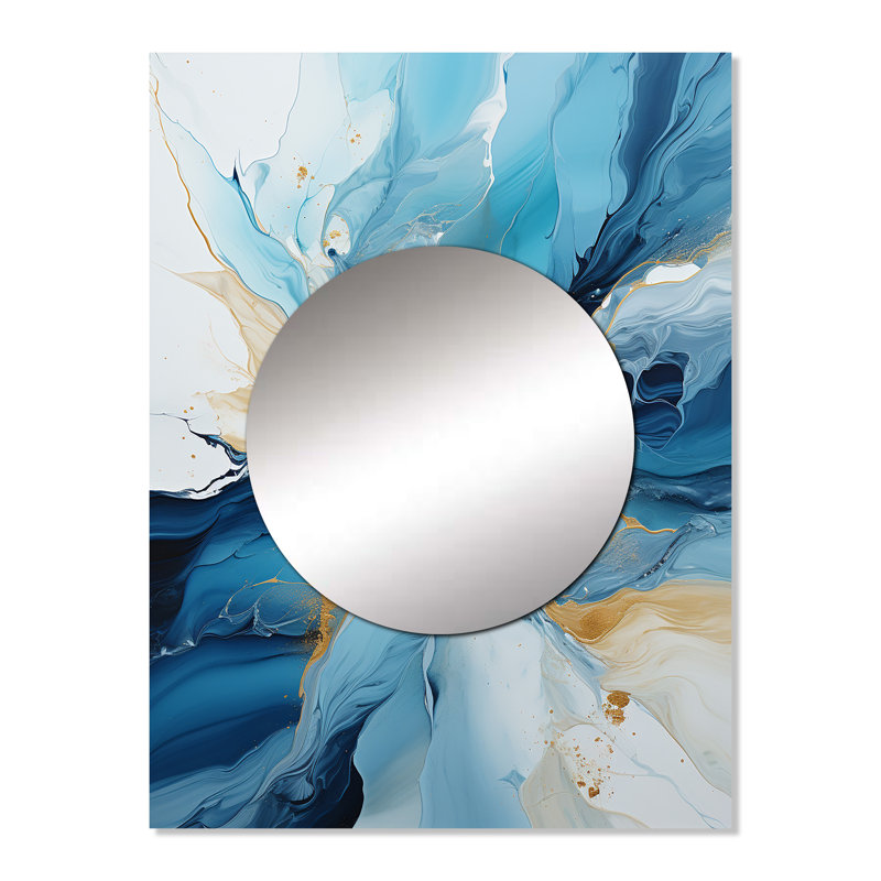 Muneet Blue And White Glacier Charm II - Abstract Shapes Decorative Mirror, Modern Wall Mirror, Printed Metal Art, 32" x 24"