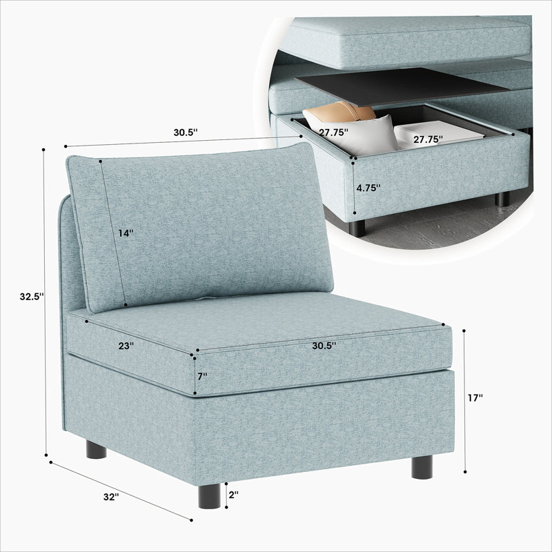 Armless Seat for Modular Sectional Sofa with Storage for Living Room
