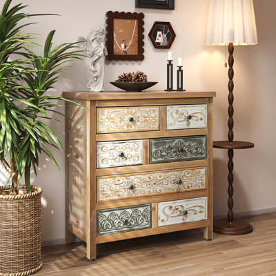Commode d'appoint vintage en bois avec 6 tiroirs, commode de rangement sculptée