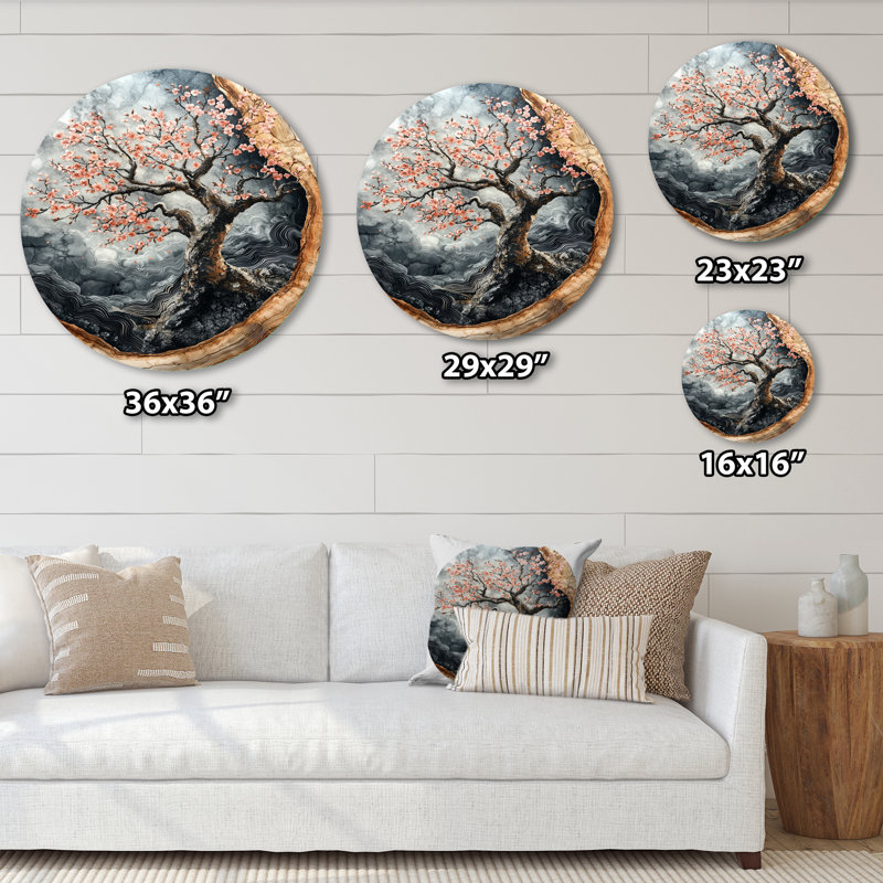 Joquita II - art mural rond en cerisier en fleurs, H 23 po x l 23 po