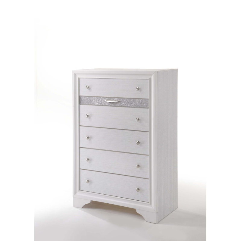 Commode à finition Naima avec cinq tiroirs et organisateur de bijoux intégré pour des solutions de rangement modernes, Blanc