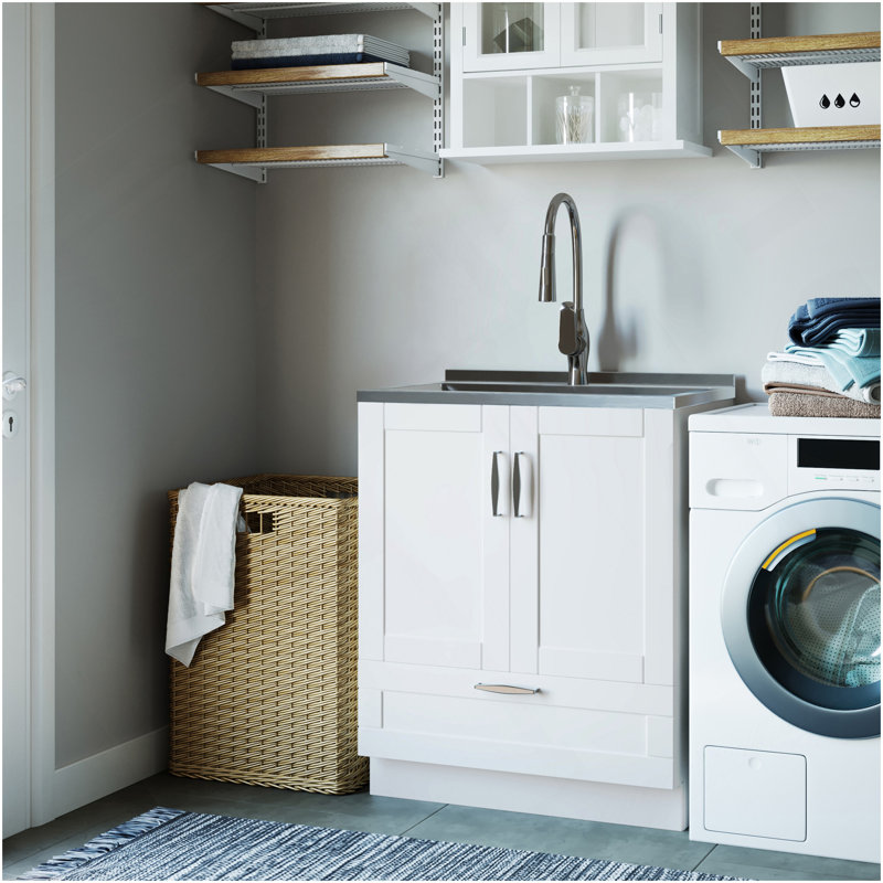 Reed - Armoire à linge de luxe 28 "avec robinet coulissant et évier en acier inoxydable - Blanc pur