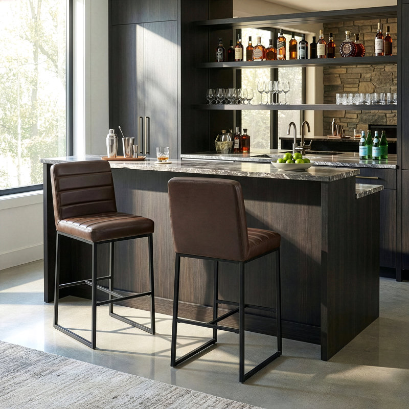Set of 2 Damylah Faux Leather Counter Stool with Black Metal Legs, Bar Stool (28.30" Seat Height), Brown