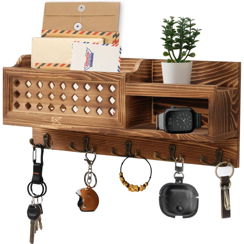 Key and Mail Holder Wall Mount - Mail Organizer Wall Mounted with Hooks and Storage Box, Brown