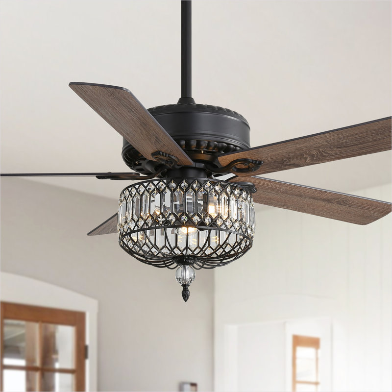 Élégant ventilateur de plafond moderne noir avec abat-jour en cristal et télécommande, pales en contreplaqué de 52 pouces, moteur à courant continu