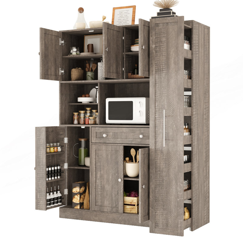 Buffet traditionnel autoportant avec huche, grande armoire de rangement pour garde-manger avec armoire latérale coulissante