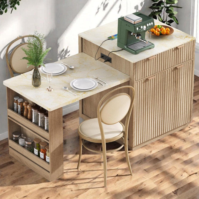 Îlot de cuisine cannelé 82,6 po avec table de salle à manger extensible pour 4-6, rangement double face et prise de courant