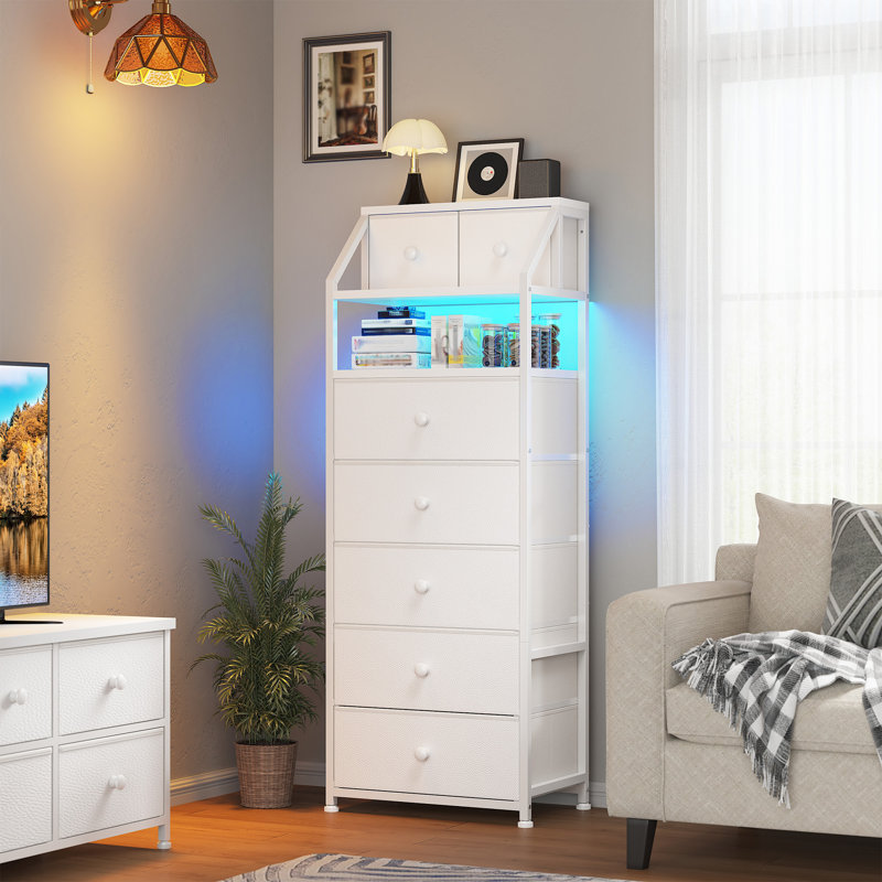 Tall 7-drawer Storage Cabinet With Rgb Led Lighting, Modern Organizer With Open Shelf For Bedroom Living Room, White