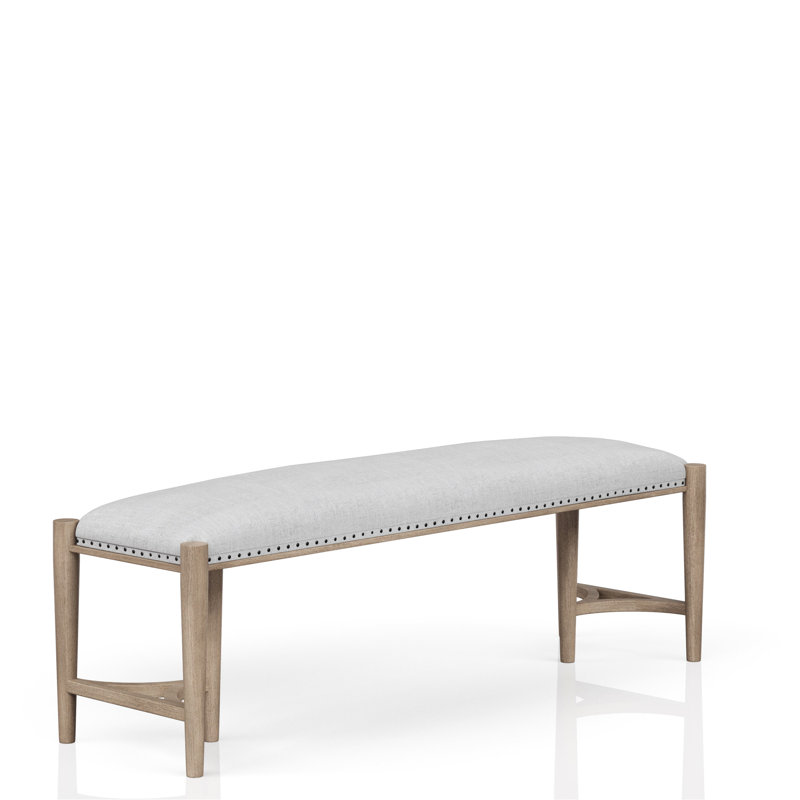 Sand Colored Bench For Seating, Upholstered Seat, Triad Bases, Practical Choice With Seat And Nail Head Trim, Fabric