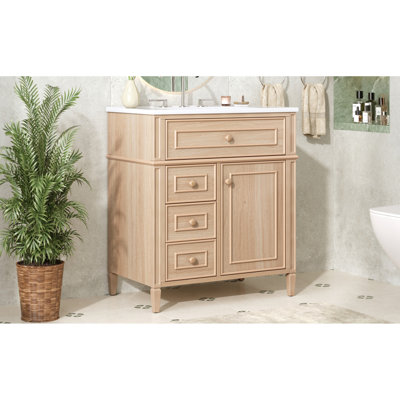 Meuble-lavabo de 30 po avec lavabo, armoire en bois et panneau de fibres à densité moyenne, tiroir rabattable, 2 tiroirs à fermeture en douceur, 1 porte à fermeture en douceur, poignées en bois élégantes