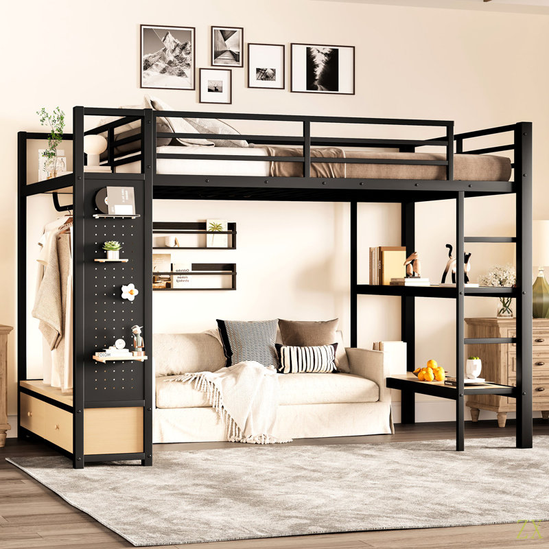 Structure de lit mezzanine avec garde-robe, lit mezzanine en métal avec tablettes de rangement et panneau perforé, Lit double