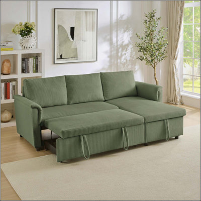 Loveseat Sofa With Chaise Lounge L-Shaped Modular Convertible Sofa With Storage Chaise, Corduroy Tufted Upholstered Sleeper Sectional Sofa,Pull Out Sleep Couch Bed And Reclining Backrest