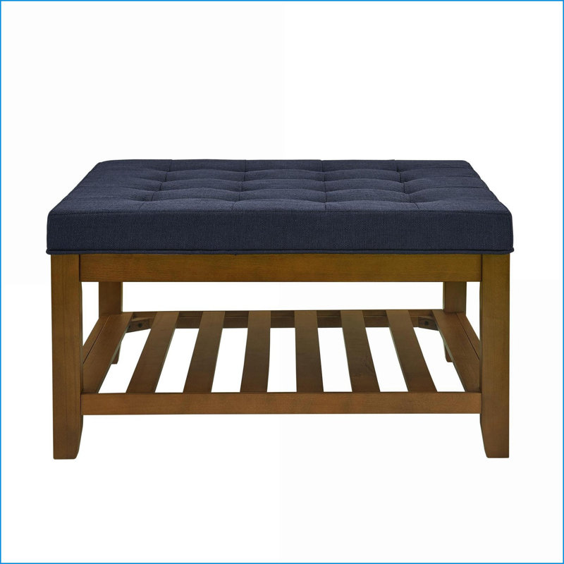 Repose-pieds avec rangement, structure en bois de hêtre bleu marine capitonné, repose-pieds carré de 33,5 po | Bois | Bleu marine
