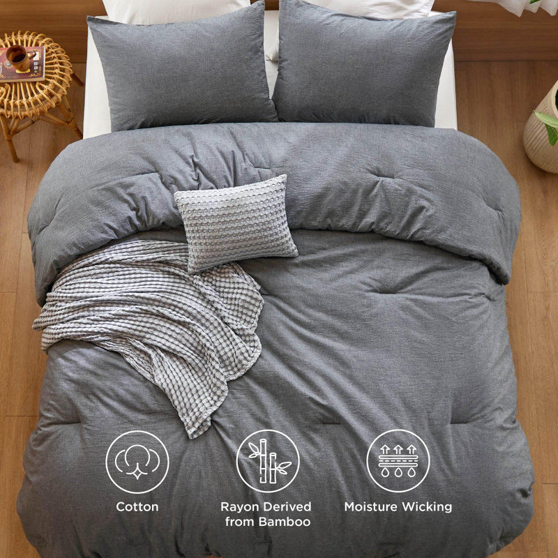 Ensemble d'édredon en coton 5 pièces avec jeté en coton, Gris foncé, Édredon double + 1 jeté + 2 taies décoratives