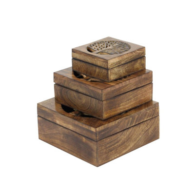 Attridge Wood Handmade Tree Decorative Brown Box with Hinged Lid Set