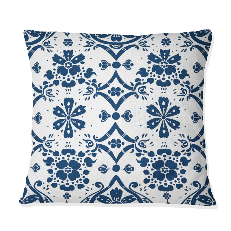 Bleu, blanc, fleur traditionnelle, mosaïque, beauté I - coussin décoratif traditionnel, H 18 po x l 18 po