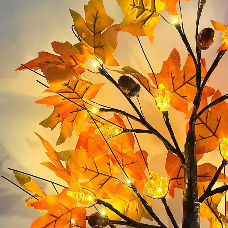 2 Pack 24 Inch Prelit Fall Maple Tree Thanksgiving Decorations With 48 LED Lights