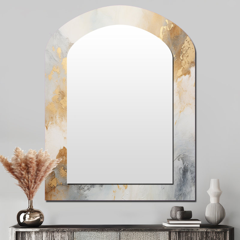 Or et blanc Magic Marble Geode III - miroir asymétrique en marbre, miroir mural décoratif arqué doré, impression d'art en métal