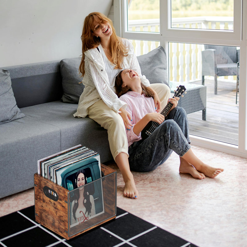  Wooden & Metal Record Crate - Vinyl Album Holder & Organizer, Holds Up to 60 Records