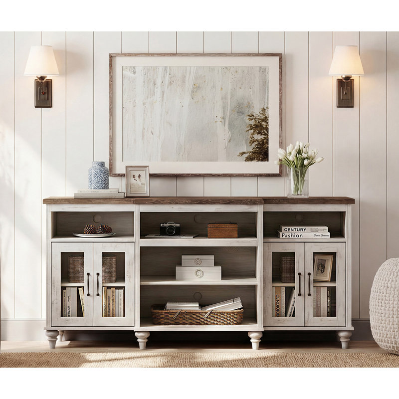 Meuble télé 69,8 po avec rangement Scarlett, Blanc rustique / noyer