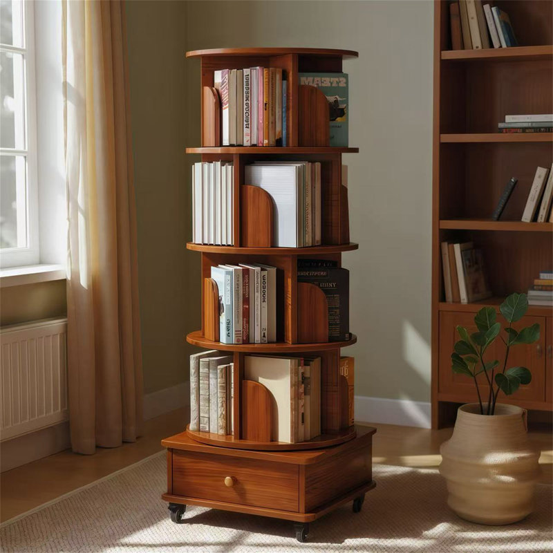 Bibliothèque rotative avec tiroir, Noyer brun, (5 tablettes) H 57 po x l 18,11 po x P 18,11 po