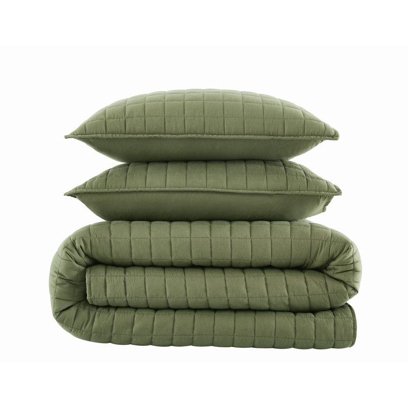 Brooklyn Loom Essential Cotton Quilt Set, Green, King Quilt  + 2 Shams