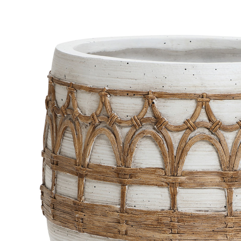 Pot à fleurs rond 11 pouces Kawamura blanc avec accents bruns