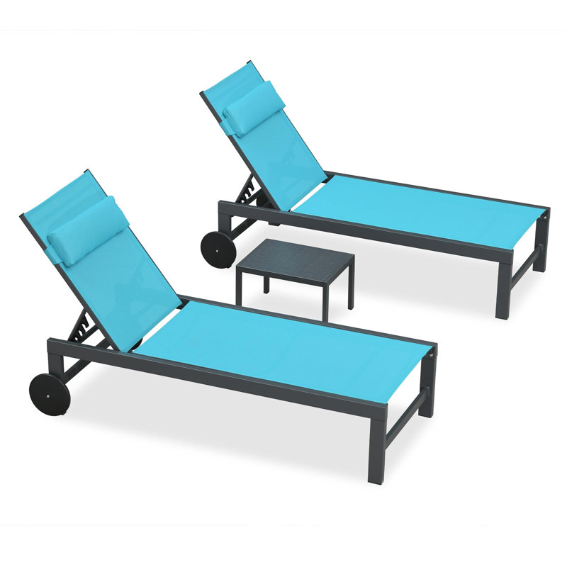 Patio Rust-resistant Lounge Chair Set Of 3 With Side Table And Wheels And Pillows, Blue