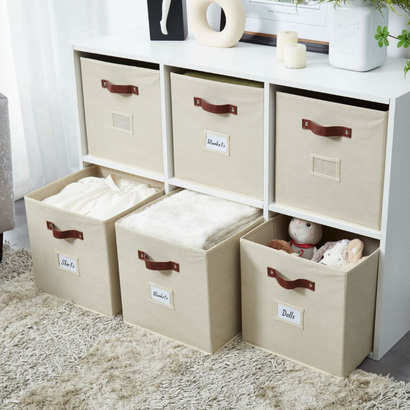 Bacs de rangement | Boîte de rangement en forme de cube avec porte-étiquettes, Beige, 13 po x 13 po x 13 po