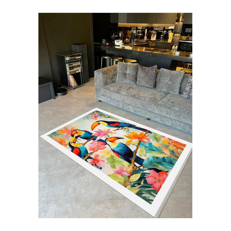 Tapis décoratif lavable à la machine à motif tropical de fleurs tropicales et de perroquets