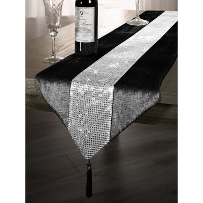 Crushed Velvet Embossed Tasselled Table Runner Sparkle Diamante Decorative Dinning Table Runner, Wrinkle Free W33 X L183cm, Black
