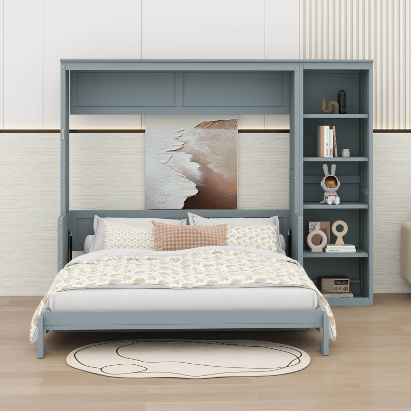 Lit escamotable double avec bibliothèque de bureau, Gris