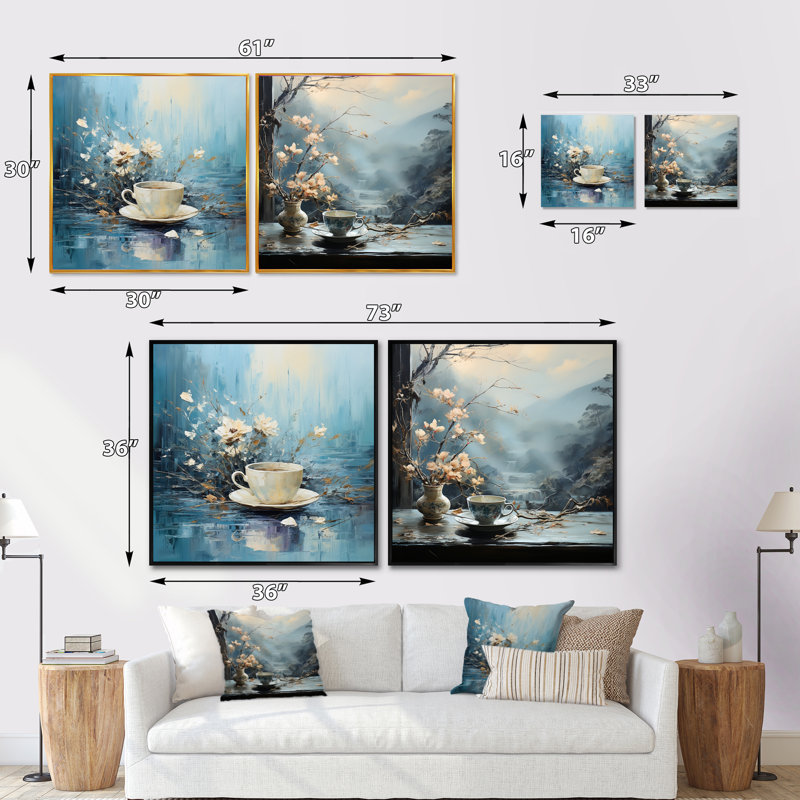 Misty Blue Tea Steaming Reverie - Ensemble de 2 collages carrés café et thé, Cadre flottant noir, H 36 po x l 73 po