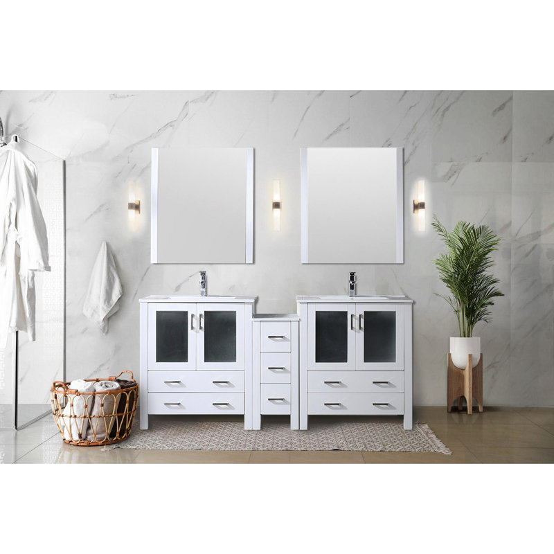 72 po Large meuble-lavabo double blanc avec profondeur de 18,25 po, armoire latérale, comptoir en céramique, structure en bois massif, mécanisme de fermeture en douceur, deux armoires de rangement intérieures et sept tiroirs, surface de teinture