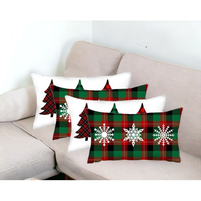 Red and White Polyester Christmas Tree Plaid Throw Pillow Covers, 12 x 20 in, Set of 4