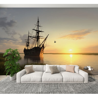 Peel and Stick Wallpaper Historic Wooden Sailing Ship Anchored Sunset Calm Water Wall Murals 100"H x 144"W Removable PVC Wall Paper Self-Adhesive Wall Decor for Bedroom Living Room Home Office