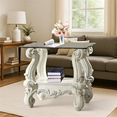 Élégante table de bout en verre blanc et transparent Calla Bone - Table d'appoint carrée avec plateau en verre trempé